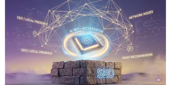 AI SEO és GEO stratégia vizualizáció: a klasszikus SEO mint alap és az AI mint gyorsító