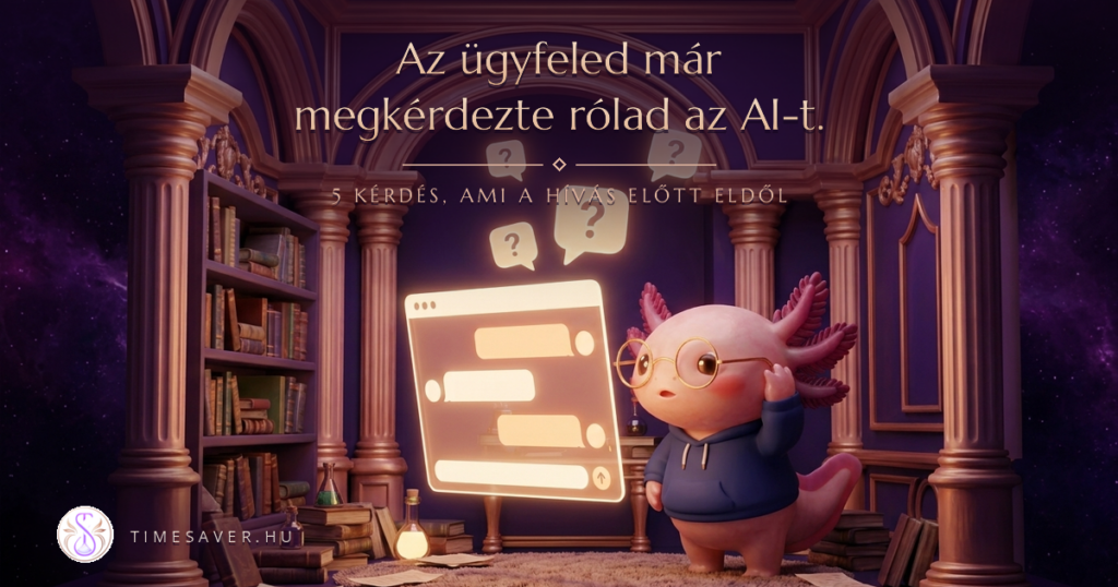 Axi egy világító AI-chat felületet figyel, amelyből kérdőjeles buborékok szállnak fel, az ügyfél AI-keresésének illusztrációja