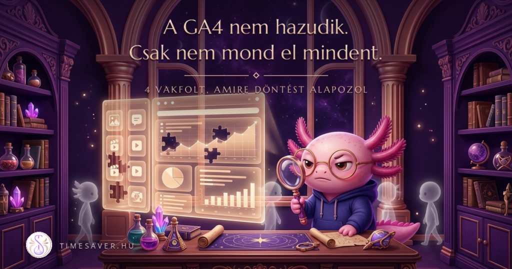 Axi nagyítóval vizsgál egy hiányos, kilyukadt analitikai műszerfalat, körülötte áttetsző alakok, a GA4 mérési vakfoltjainak illusztrációja