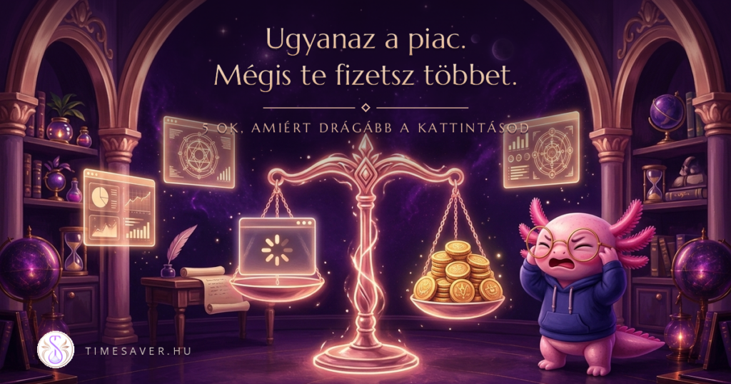 Világító mérleg, egyik serpenyőjében lassan betöltő weboldal, a másikban aranyérmék halma, a drágább hirdetési kattintás illusztrációja