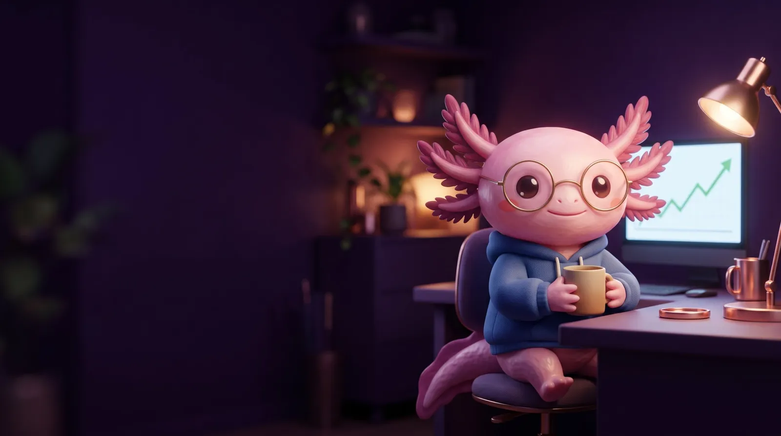 Axi, a TimeSaver axolotl kabalája kávéval az íróasztalnál, mögötte felfelé ívelő grafikon